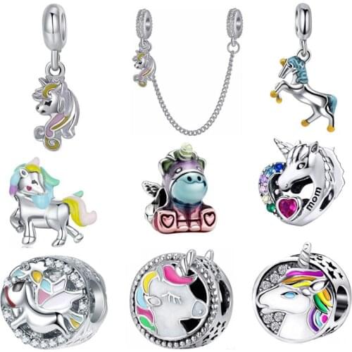 2021 Colorful Unicorn Safety Chain Pendant Round Bead Fit Original Pandora Bracelet Charm Silver Color Women Jewelry Gift Custom
