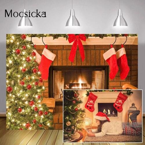 Fireplace Kids Portrait Photography Background Red Socks Christmas Trees Photo Backdrop Winter Indoor Party Decorations Props
