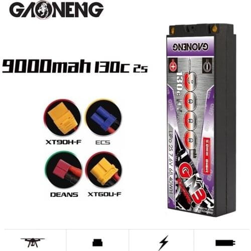 GAONENG GNB 9000mAh 2S 7.6V 130C See Through 5.0mm Bullet Hardcase HV LiPo Battery XT60 T Plug for 1:10 1/10 RC Car Boat Parts