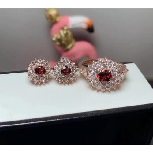 Fine Jewelry 925 Sterling Silver Natural Garnet Girl Luxury Earring and Ring Set Support Test with Box