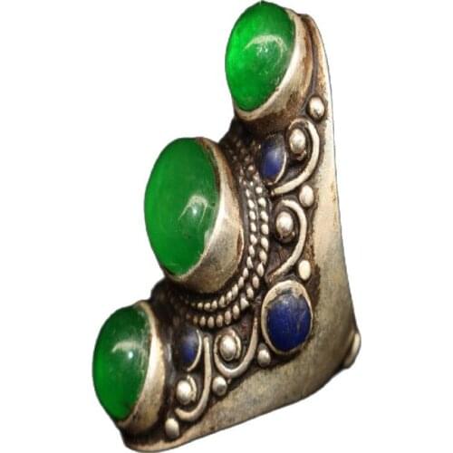 China Old Tibetan Silver Inlaid Three Sided Emerald Ring