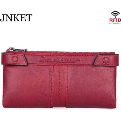 JNKET New Retro Womens RFID Blocking Wallet Cowhide Clutch Bag Zipper Long Wallet Billfold Bank/ID Card Holder Wallet Handbag