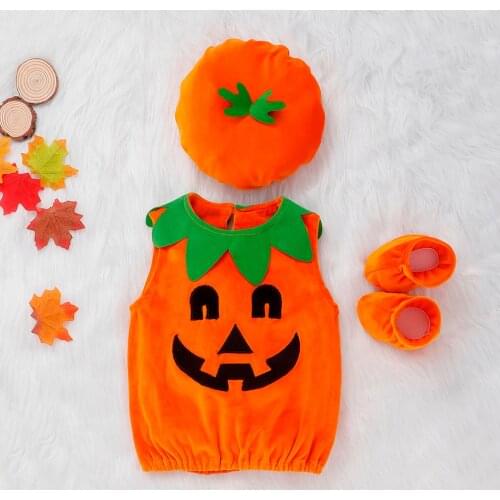 Toddler Baby Kids Girls Demon Pumpkin Halloween Romper+Cap+Shoes Outfits Set baby boy clothes bebek giyim habit bebe garcon