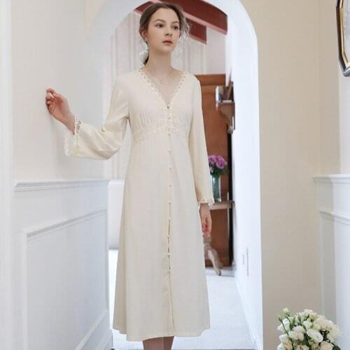 Autumn New French Cotton Nightdress Womens Thin Long Sleeve Night Dress Knee-length Breasted High Waist Split Long Nightgowns