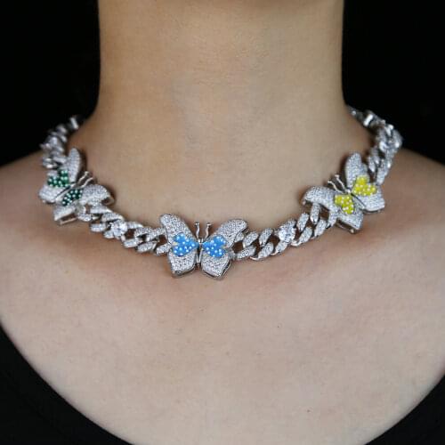 Bling cz multicolor enamel butterfly charm cuban choker 12MM big heavey miami cuban chain butterfly iced out necklace for women