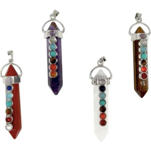 7 Chakra Gemstones Necklace Hexagonal Healing Point Crystal Pendant Necklace Stainless Steel Chain for Women Girl Jewelry Gift