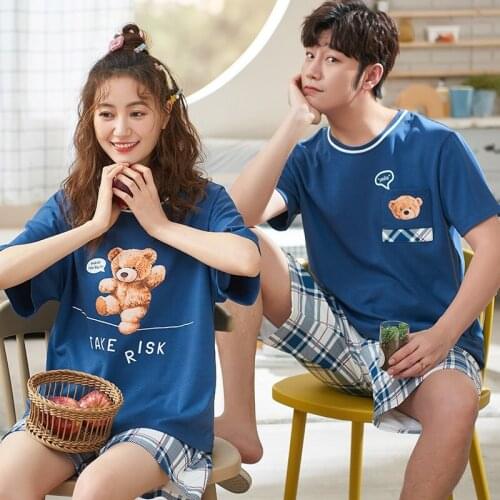 SLPBELY Couple Pajamas Set Homesuit Summer Cute Cartoon Short Sleeve Cotton Lovers Pajamas Men And Women Pyjamas Family Pijama