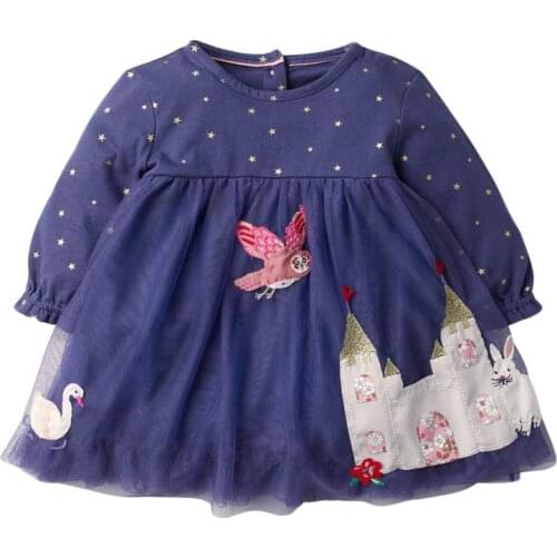 Frocks 2021 Autumn Baby Girl Fall Clothes Brand Toddler Cotton Bird Castle Animal Tulle Princess Party Dress for Kids 2-7 Years