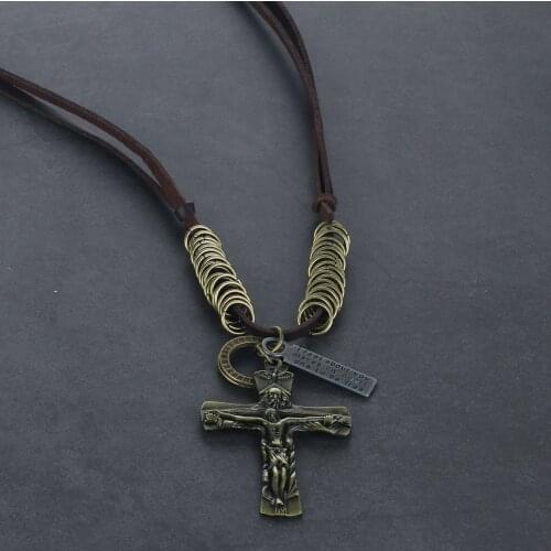 Religious Crucifix Jesus Cross Necklace Antique Bronze Color Letter Tag Pendant Necklace Leather Chain Choker Male Jewelry Gifts