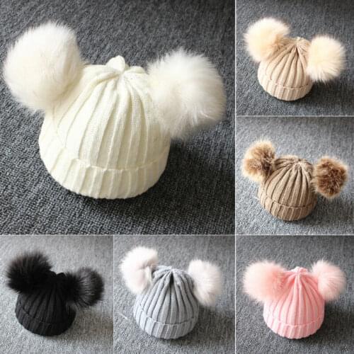 Brand New Newborn Baby Kids Girls Boys Winter Warm Knit Hat Furry Balls Pompom Solid Warm Cute Lovely Beanie Cap Gifts
