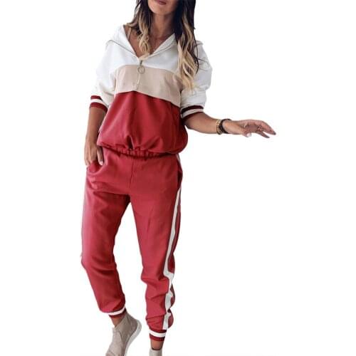 2Pcs Sport Women Color Block Zip Hoodie Elastic Waist Ankle Tied Pants Tracksuit Elastic Waist Ankle Tied Pants Tracksuit Women