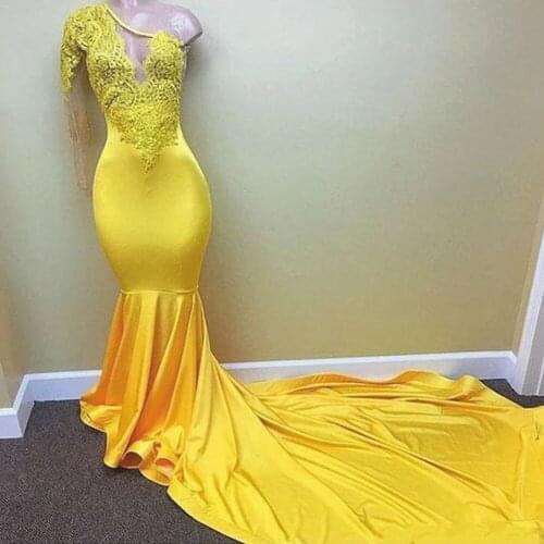 SuperKimJo Robe De Soiree Femme Pour Mariage Yellow Evening Dresses Long One Shoulder Lace Applique Modest Sexy Formal Dresses