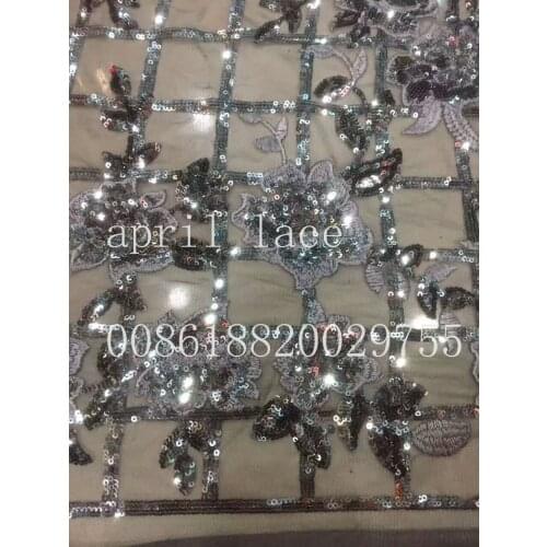 Ju002 grey silver paillette grid flower embroidery nice fabric for evening dress/wedding/fashion design,send by dhl