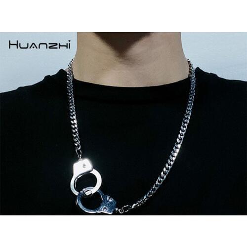HUANZHI Vintage Punk Handcuffs Pendant Chain Link Classic Hip Hop Silver Color Simple Style Couple Necklace For Men Jewelry