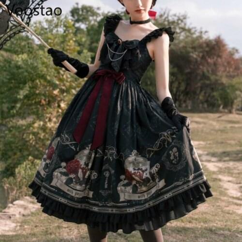 Victorian Vintage Lolita JSK Dress Nightingale and Rose Black Gothic Dark Princess Party Dress Women Sleeveless Lolita Dresses