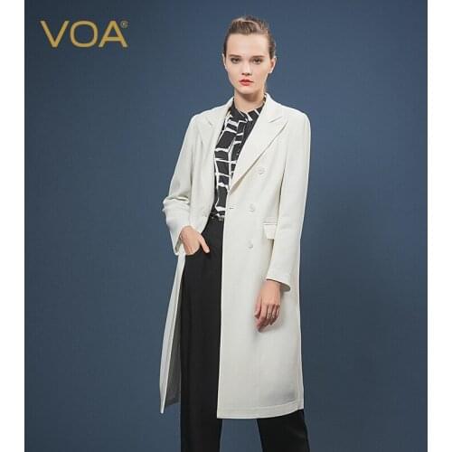 VOA 60m/m Long-Sleeved Silk White Lapel Collar Long-Sleeved Double-Row Button Cover Pocket Back Slit Mid-Length Trench Coat F596