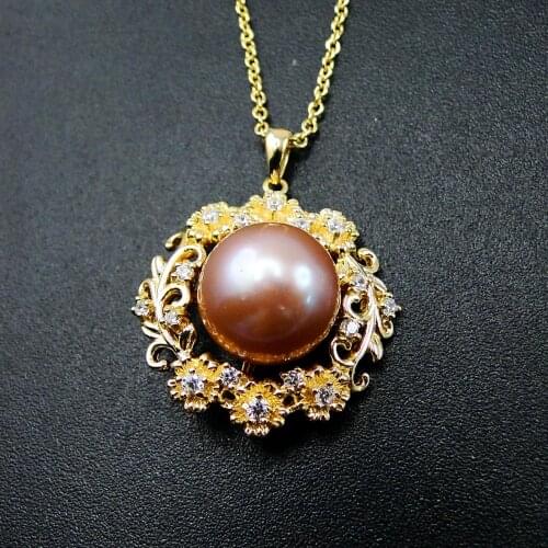 Yellow Gold plated 925 Sterling Silver Jewelry Newest Designs Women Necklace 7MM Natural Pearl Pendant