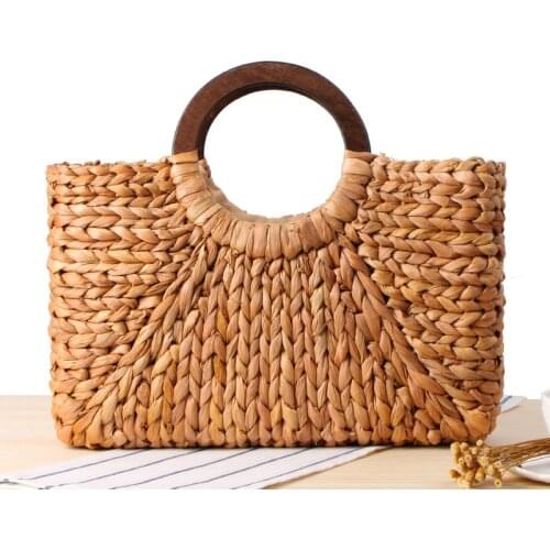42x25CM Wooden Handle Straw Corn Husk Hand-woven Beach Bag Natural Style Solid Color Large Capacity Women a7183