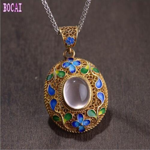 S925 silver gold plating process womens models fashion burning blue rich flowers powder crystal womens pendant