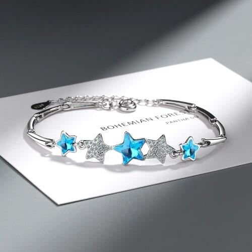 Hot 925 Sterling Silver Blue Pentagonal Star Eternal Bracelet for Women Handmade FemaleStackable Zircon Crystal Jewelry Bijoux