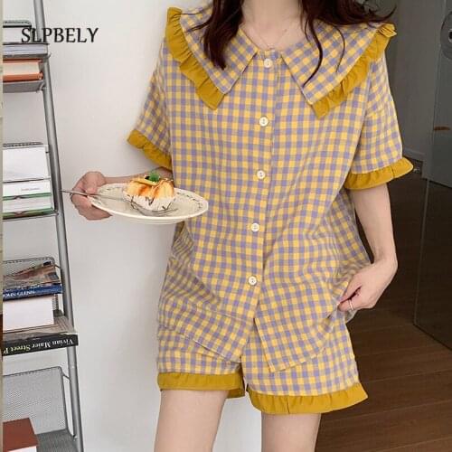 SLPBELY Women Pajamas Set Pyjamas Summer Sweet Plaid Lapel Short Sleeved Pajamas Sleepwear Nightwear Lovely Loungewear Pijama