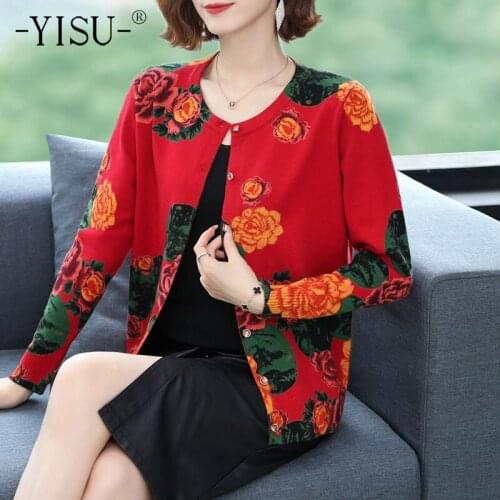 YISU New Women Cardigans Sweater O-Neck Rose flower printing Knitted Coat Cardigan Single Breasted Casual Knit Jacket Sweater
