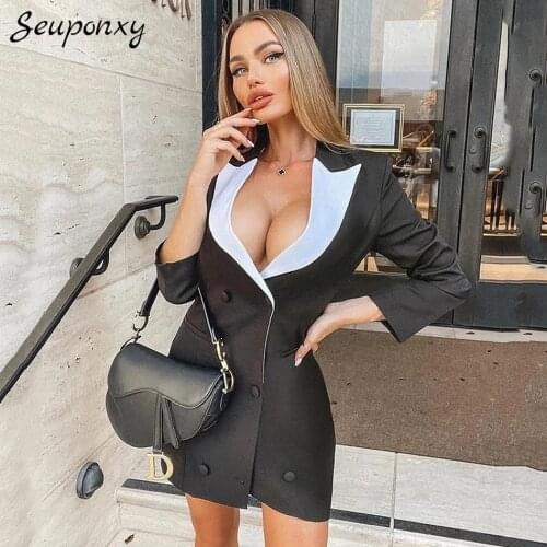 High Quality Spring 2021 WomenS Bodycon Suit Dress Sexy V-Neck Long Sleeve Double Breasted Celebrity Party Dress Vestidos