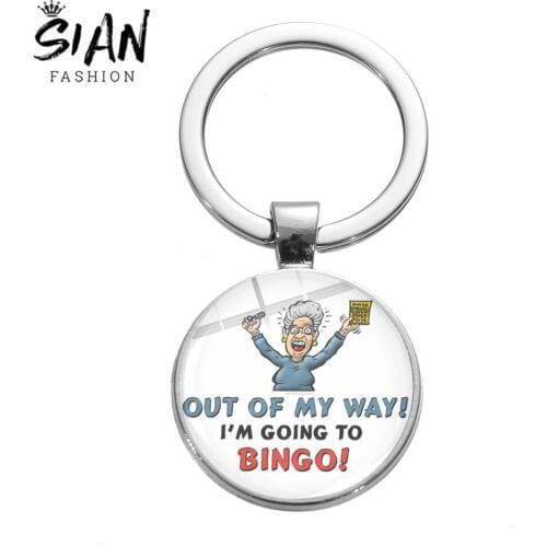 SIAN New Arrival Creative I Love Bingo Keychain Game Digital Card Funny Cartoon Printed Toys Glass Cabochon Gem Winner Key Chain