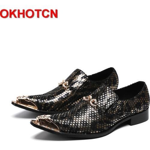 Black Pointed Toe Men Shoes Leather Gold Metal Hoop Fashion Man Shoes Polka Dot Print Zapatos De Hombre Para Vestir Plus Size 47