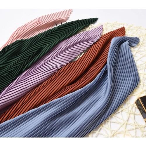 Women Square Silk Scarf 2021 Plain Skinny Ribbon Head Neck Small Pleated Hair Tie Band Kerchief Satin Foulard Scarves