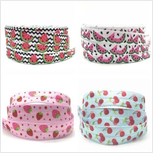 5 Yards 16mm Summer Fruit Watermelon Strawberry Printed fold over elastic Wristband Shoe Lace DIY Crafts Hair tie Accessories