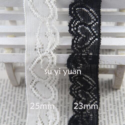 Elastic Stretch Lace Trim Sewing 10 Yards/lot 23/25mm Width Heart To Heart HTH Motifs Black&ivory /garment Elastic Lace