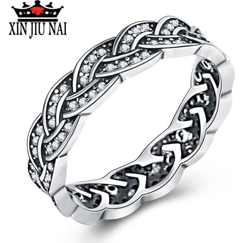 Hot Sale Thai silver 925 Silver Vintage Fascination Braided Pave rings for Women Wedding Luxury Big Clear CZ Twisted Jewelry