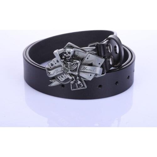 Western cowboy belt skull belt buckle classic leather belt for men and women One-piece button