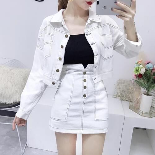 2021 Fashion Womens Clothing Set Long-Sleeved Jean Jackets Coat White Skirt Two-Piece Denim Suit Slim Casual Lady Vestido Y240