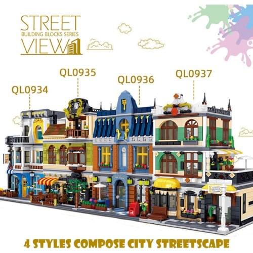 City Street View Model Building Blocks Rome Restaurant Coffee Shop House Hotel Store High-Tech Kids Toys Scene Assembly Bricks