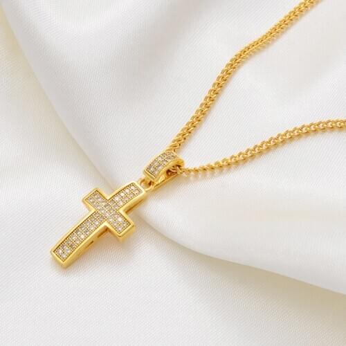 Anniyo Charm Cross Pendant Necklaces Women Men Gold Color Cubic Zirconia Necklace Religion Jewelry Christianity Catholic #007025