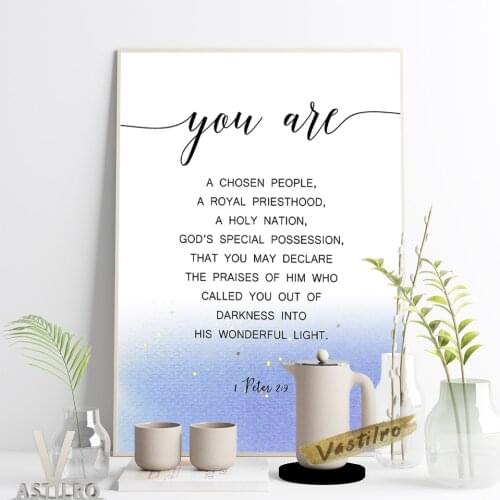 Peter You Are A Chosen People Bible Verse Blue Watercolor Print Wall Art Poster Scripture Modern Minimalist Living Room Decor