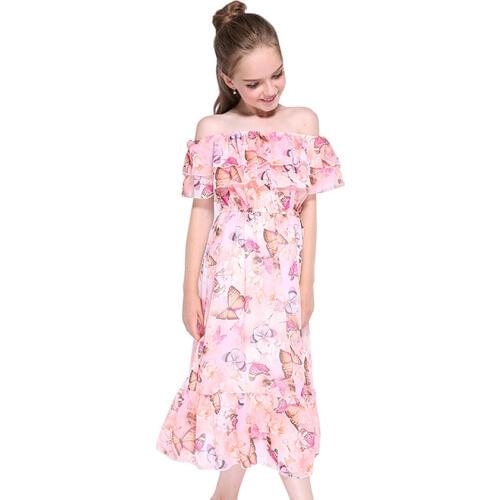 Girls Bohemia Dresses Beach Sweet Backless Butterfly Print Long Dresses for Big Kids Clothes Ruffle Princess Sundress