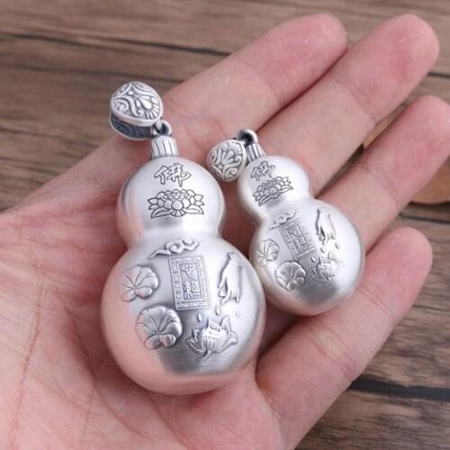 Real s999 pure silver pendant gourd bergamot lotus art tag male and female Fortune Luck Pendant of Evil Heart Sutra Thai Silver