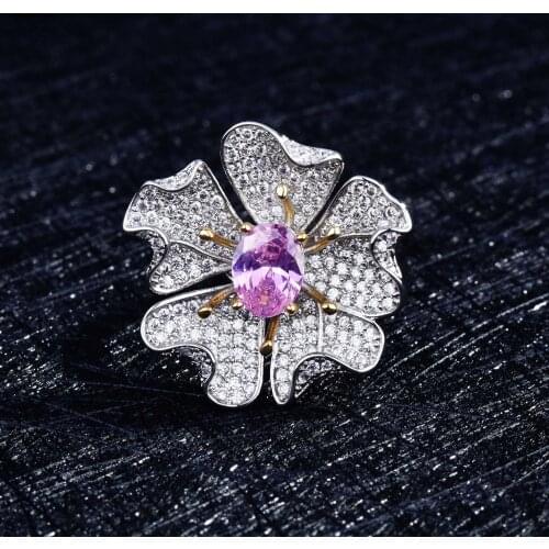CIZEVA s925 Silver Cubic Zirconia Adjustable Rings Pink Color Flower Wedding Bands Ring Lovers Fashion Jewelry Gift
