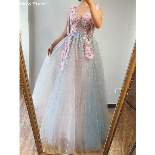 Sexy V-neck Evening Dress 2020 Vkiss 3D Flowers Sequin Tulle Illusion A-line Floor Length For Girl Prom Dress vestidos formales