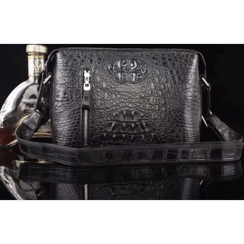 100% genuine crocodile head skin leather small size men shoulder bag young men cross body daily bag long strap top back zipper