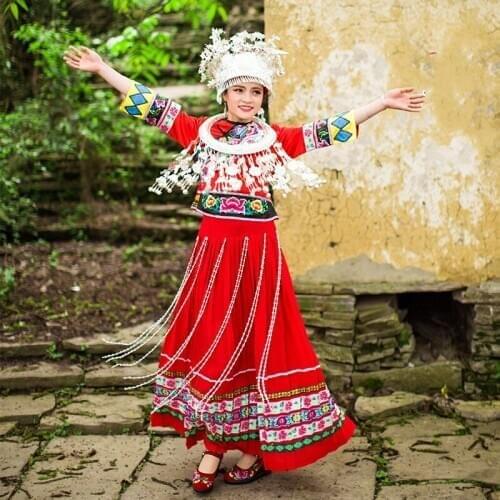 Hmong Dance Show Oblique collar Pleated Skirt Miao Ethnic Style Clothes for Women Adult Red Miao Hat Costumes Hmong Clothes