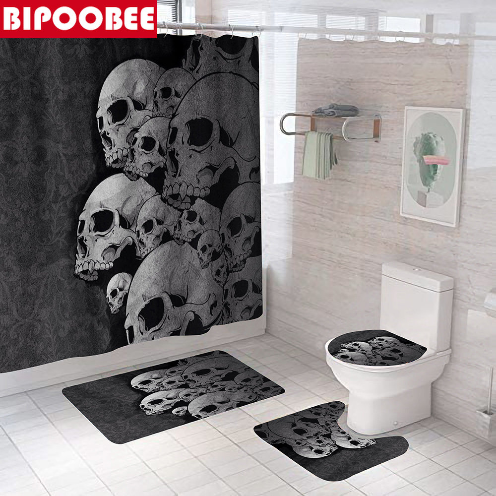 3D Print Skull Shower Curtain Waterproof Polyester Bathroom Curtains Anti-skid Bath Rugs Carpet Toilet Lid Cover Mat Home Decor