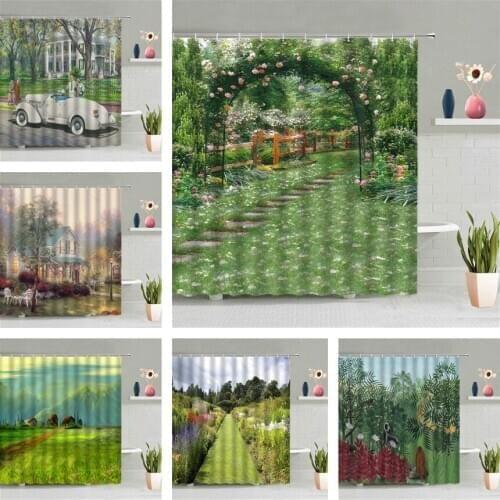 Garden House Shower Curtain Flower Grass Green Plant Mountain Forest Car Bathroom Screen Decor Oil Painting Hanging Curtains Set
