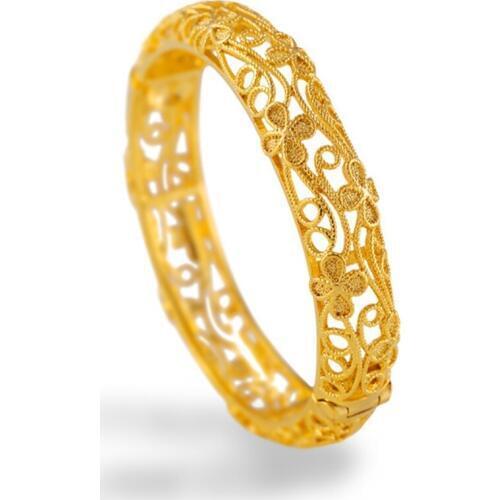 Hollow Flower Pattern Bangle Yellow Gold Filled Womens Wedding Bracelet Openable Jewelry Gift