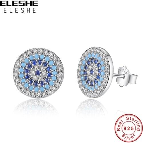 ELESHE Authentic 925 Sterling Silver Blue Eye Round Stud Earrings for Women Dazzling Cubic Zirconia Fine Earrings Luxury Jewelry
