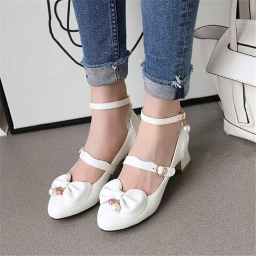 PXELENA Plus Size 34-43 Women Lolita Mary Janes Shoes Princess Dance Party Wedding Pumps Brides Bowtie Ruffles Beads Med Heels