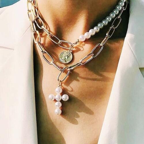 Punk Multilayered Imitation Pearl Choker Necklace Collar Statement Portrait Coin Pearl Cross Pendant Necklace Boho Women Jewelry